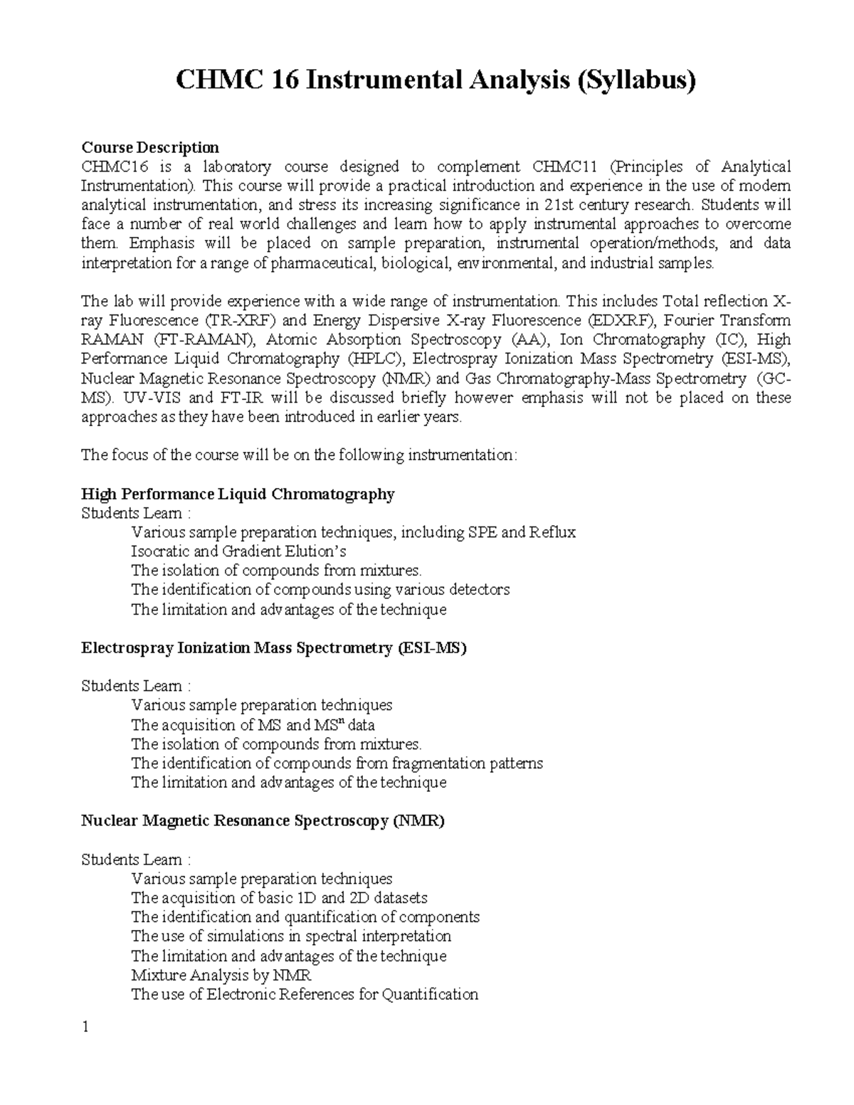 CHMC16 Syllabus 2024: Instrumental Analysis Course Overview - Studocu