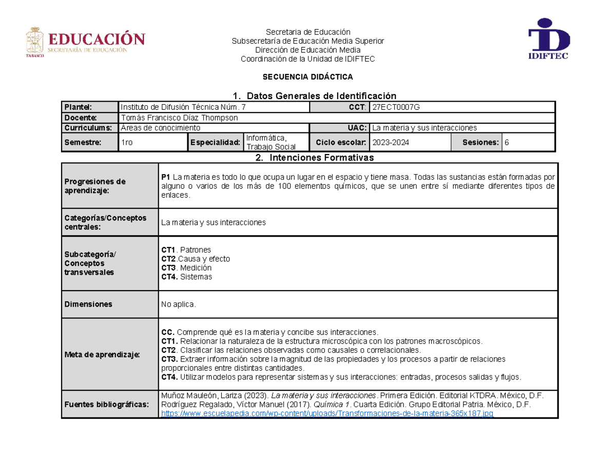 Secuencia Didáctica 1: La Materia y sus Interacciones - 1er Semestre ...