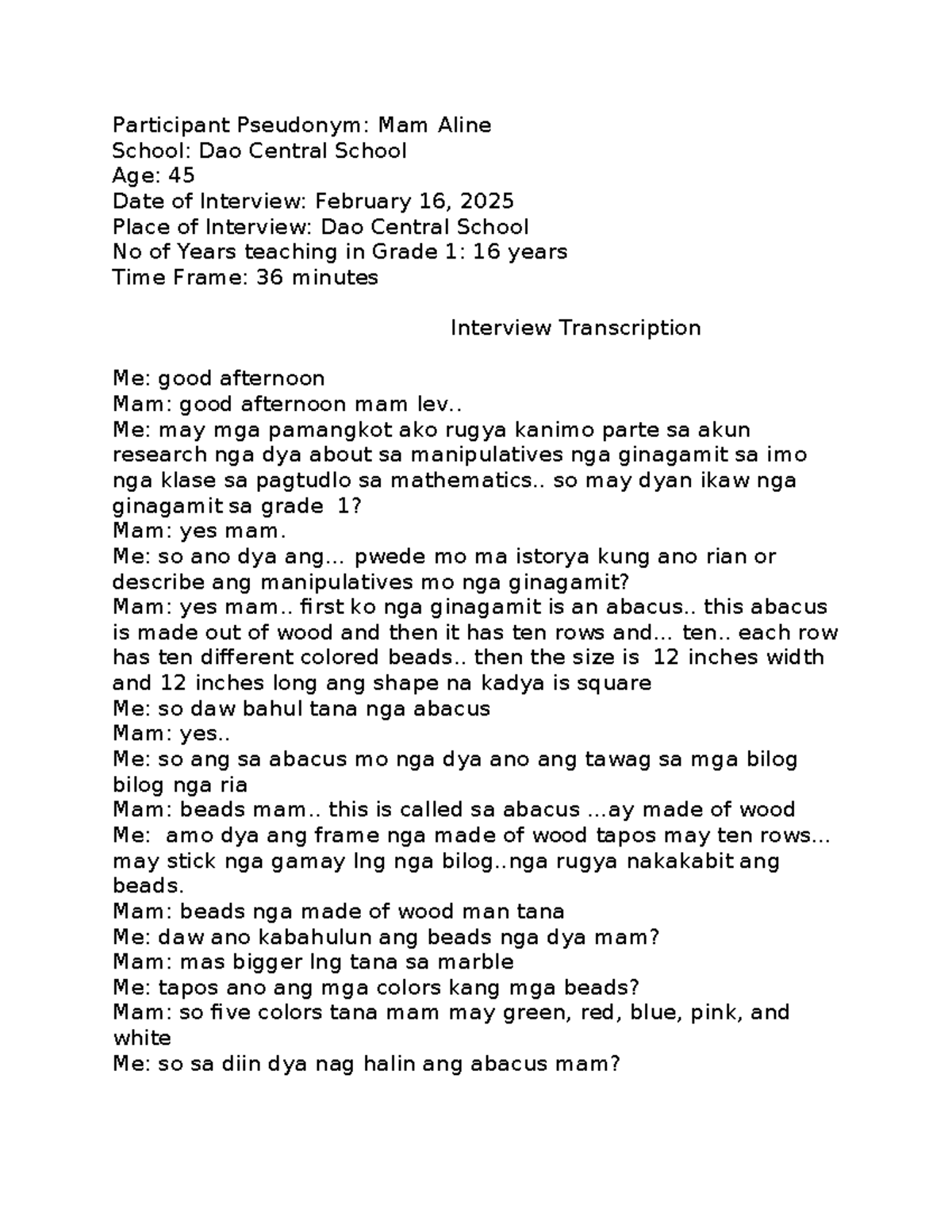 Interview Transcription: Mam Aline on Manipulatives in Grade 1 Math ...