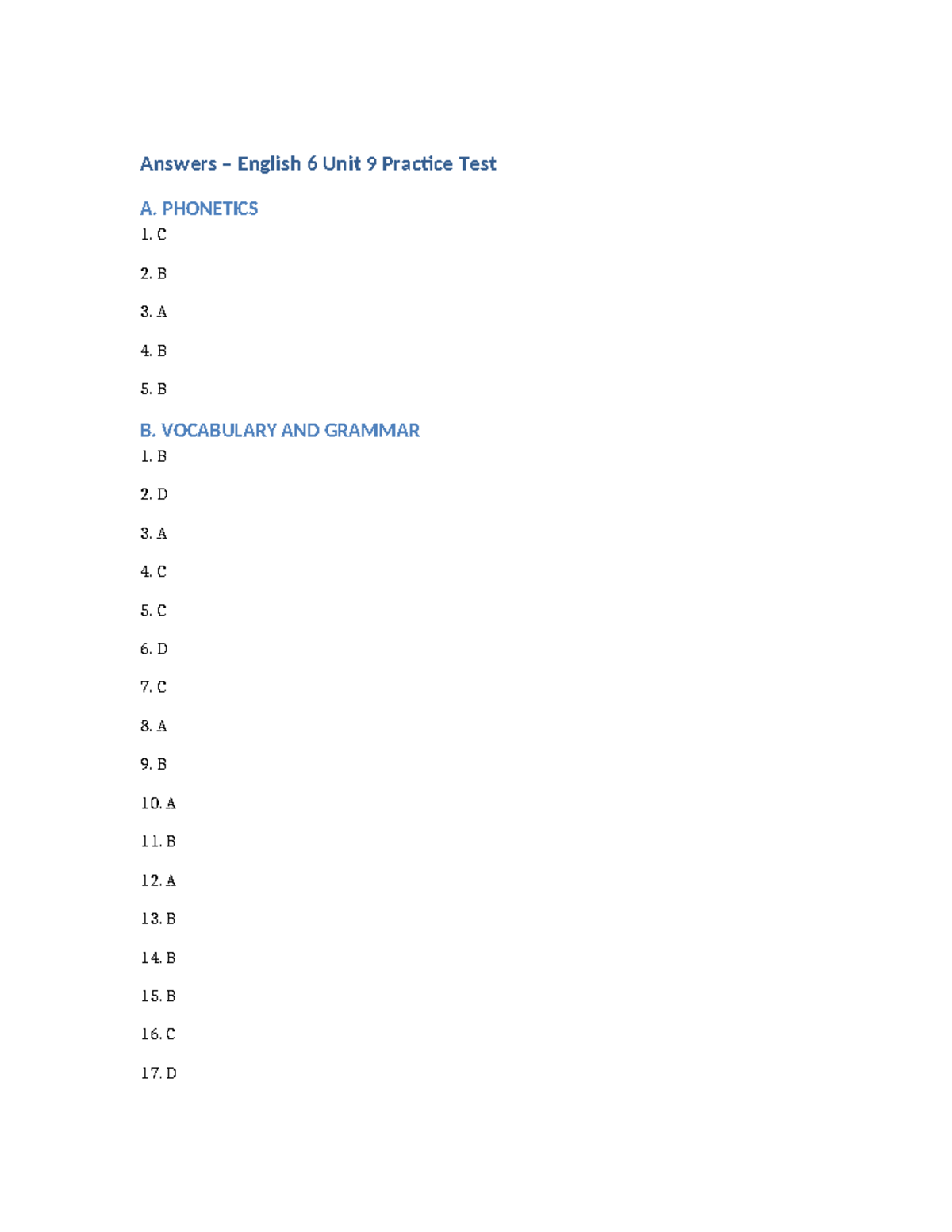English 6 Unit 9 Practice Test A Answers and Solutions - Studocu