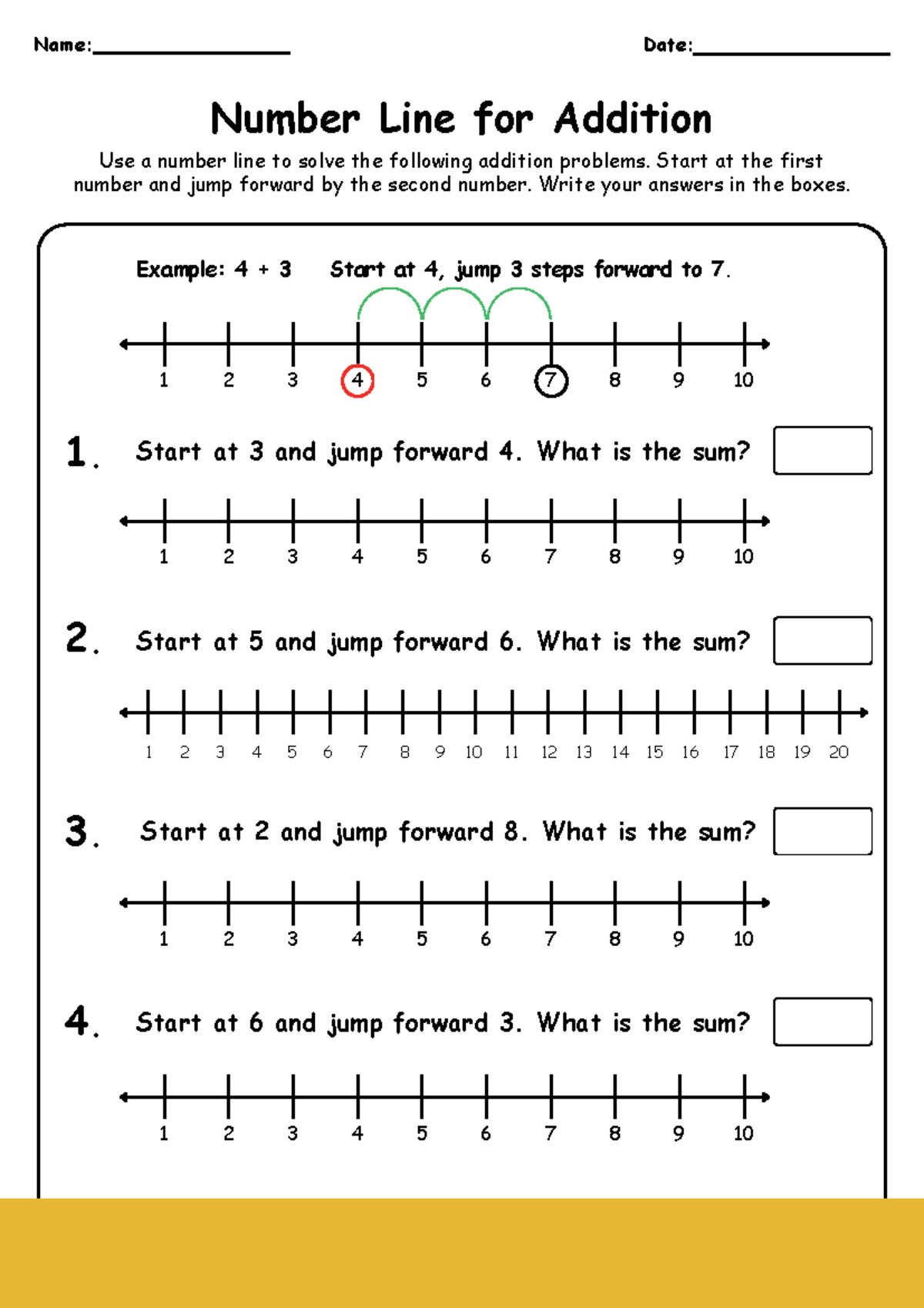 Number Line Addition - 1st Grade Worksheet - Name: Date: Start at 3 and ...