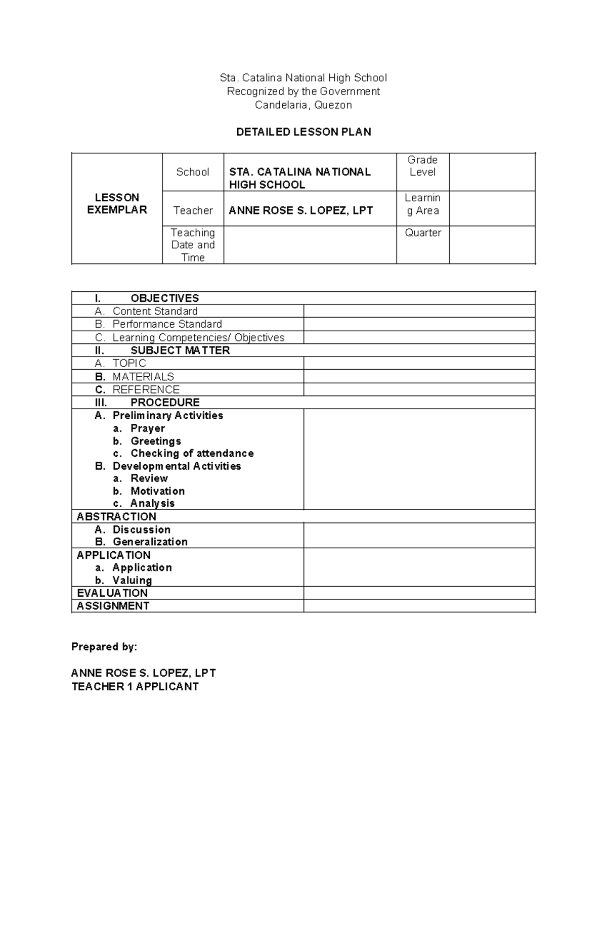 Detailed Lesson Plan for Sta. Catalina National High School - Studocu