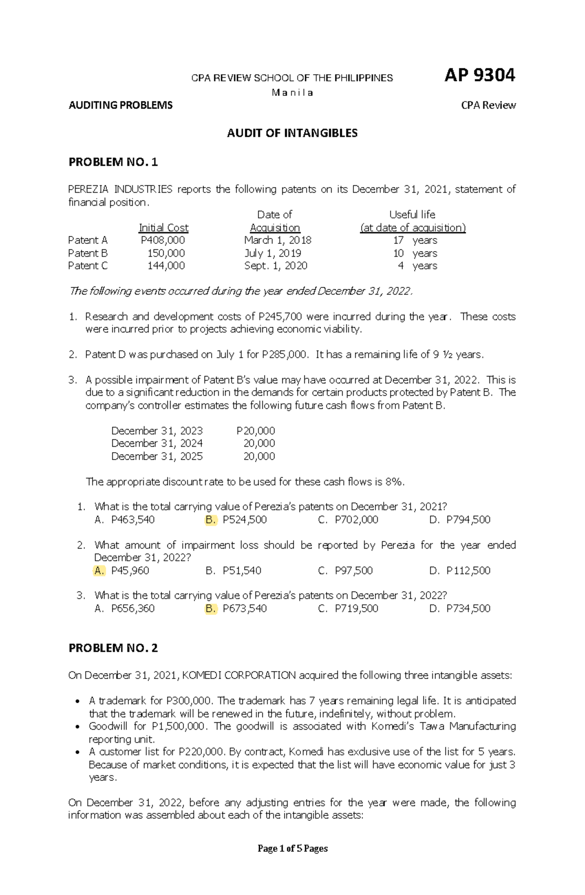 Audit of Intangibles: CPA Review AP 9304 Examination Problems - Studocu