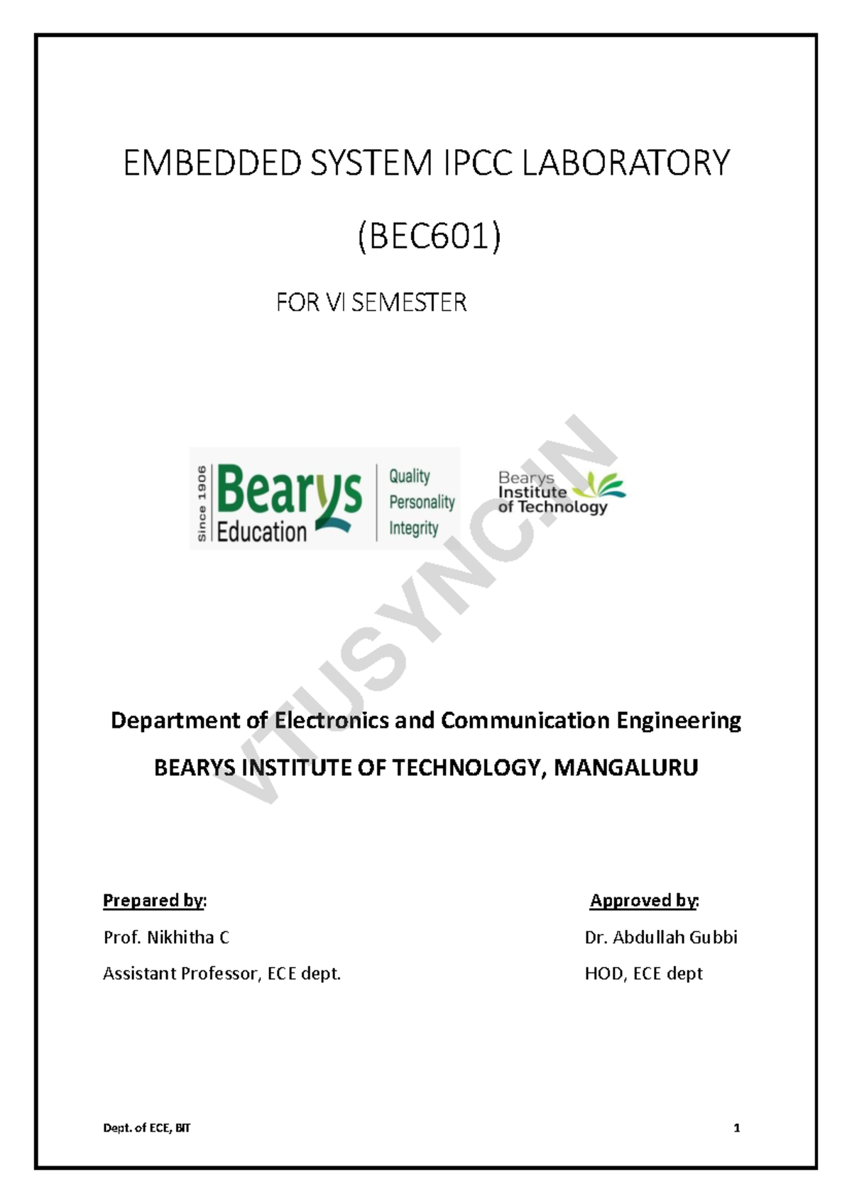 Embedded System IPCC Lab Programs (BEC601) for VI Semester - Studocu