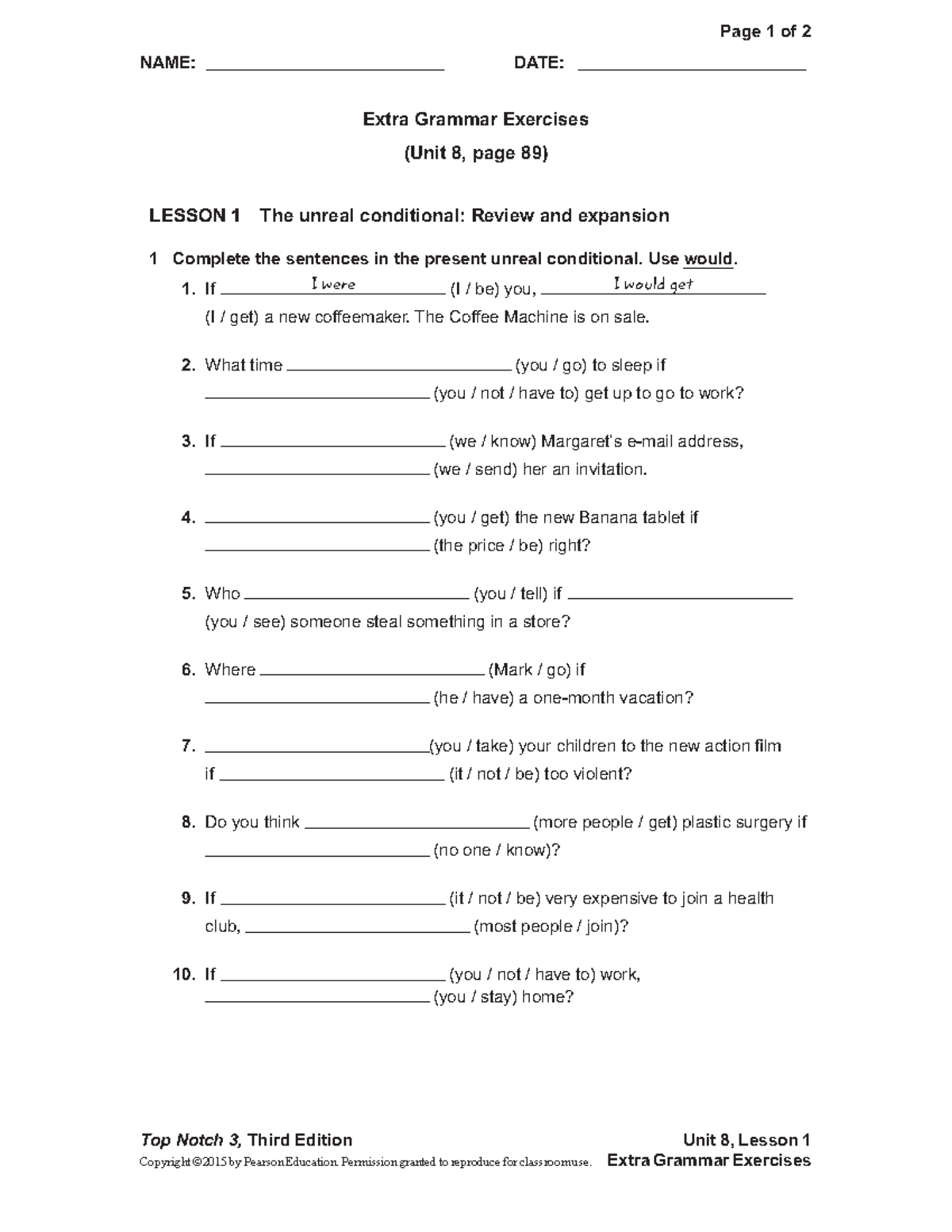 UNIT 08 Extra Grammar Exercises: Unreal Conditionals Review - Studocu