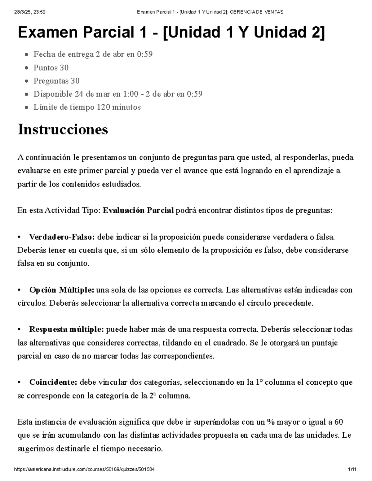 Examen Parcial 1 - Gerencia de Ventas [Unidad 1 y 2] Notas y Respuestas ...