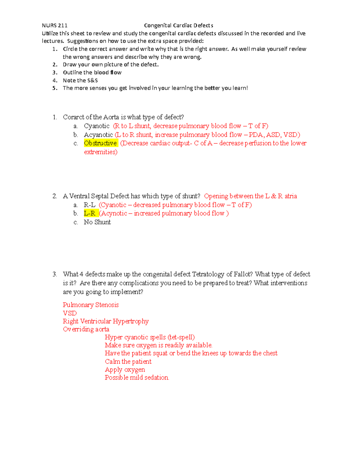 NURS 211 Congenital Cardiac Defects Study Worksheet KEY - Studocu