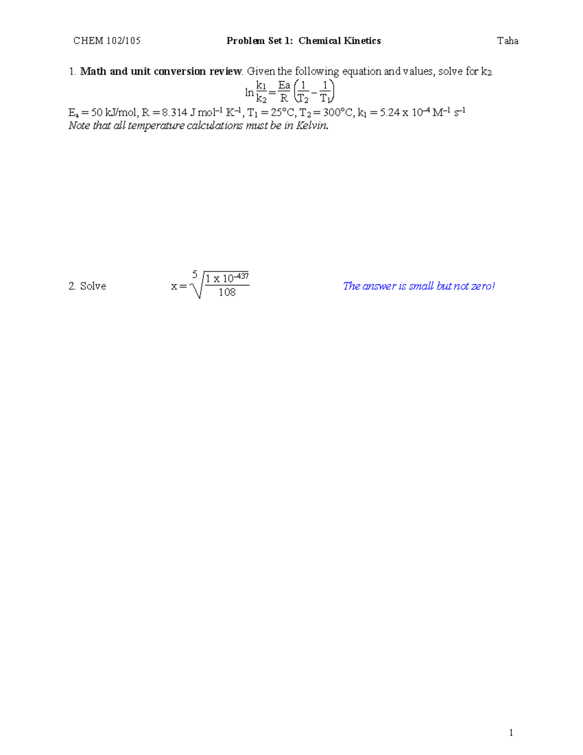 CHEM 101 Problem Set 1: Chemical Kinetics Review and Solutions - Studocu