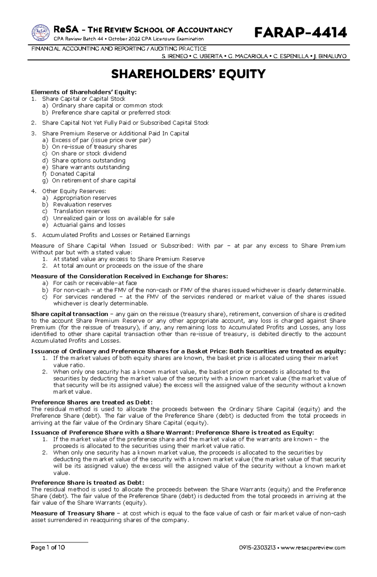 Farap-4414 (Shareholders Equity) - ReSA - THE REVIEW SCHOOL OF ...