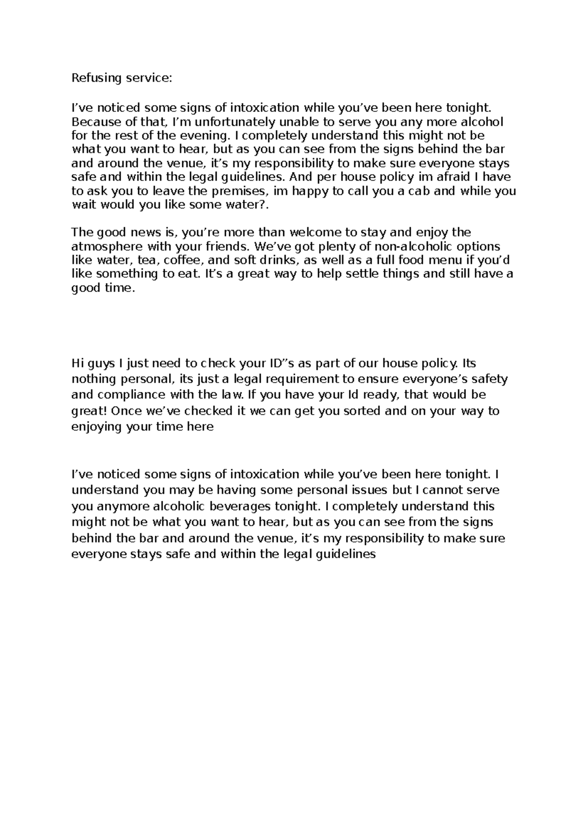 RSA 8798: Policy on Refusing Service Due to Intoxication Signs - Studocu