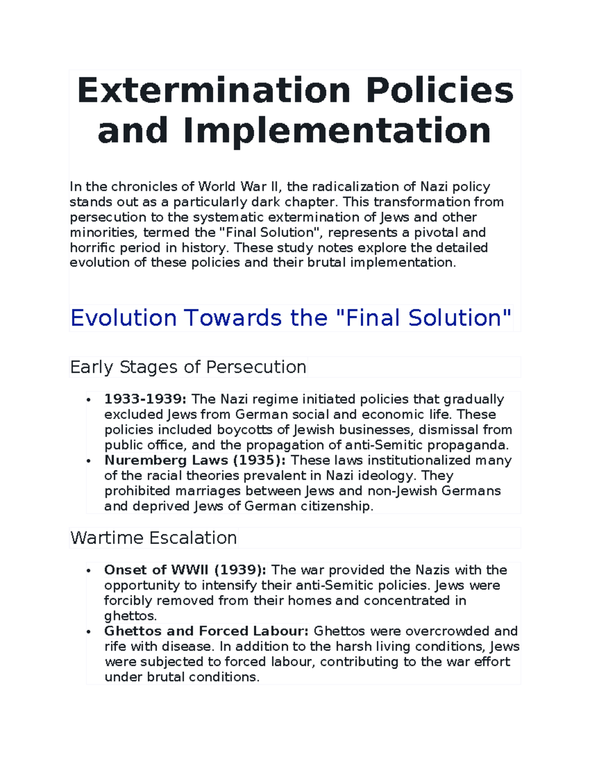 WWII History Study Notes: Nazi Extermination Policies & Impact - Studocu