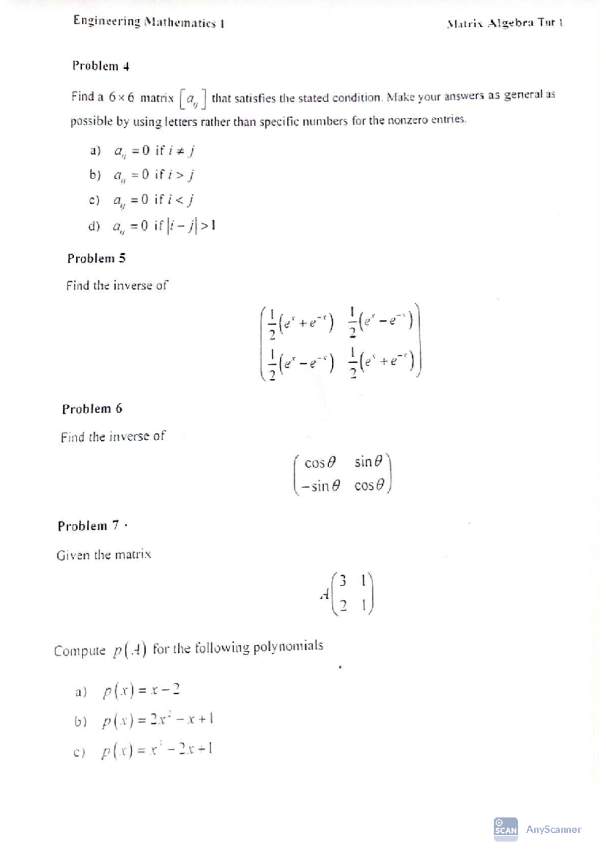 ENGR MATH I: Matrix Algebra Tutorial & Problems - Studocu