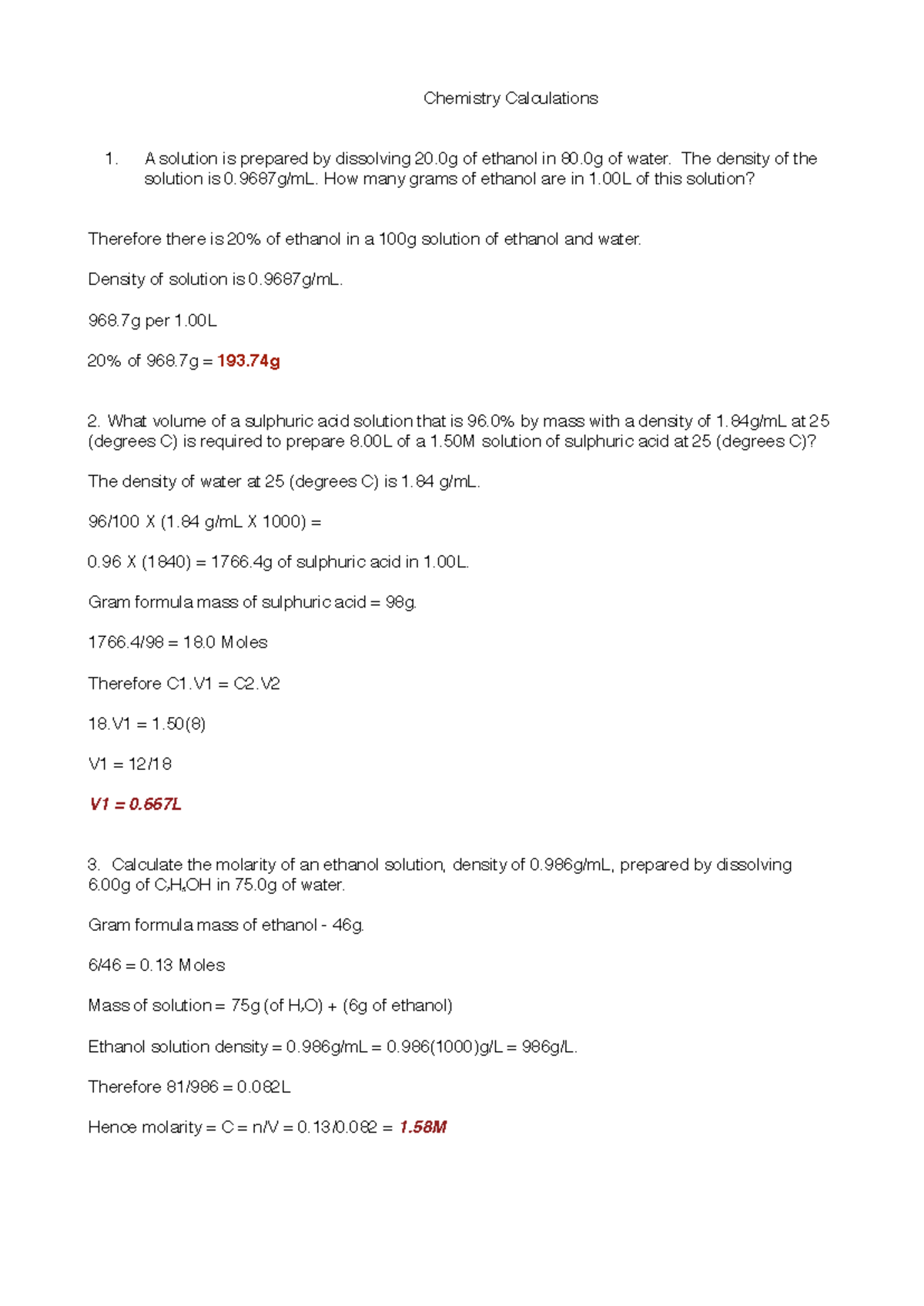 Calculations - Exercise: Chemistry Solutions and Molarity Analysis ...