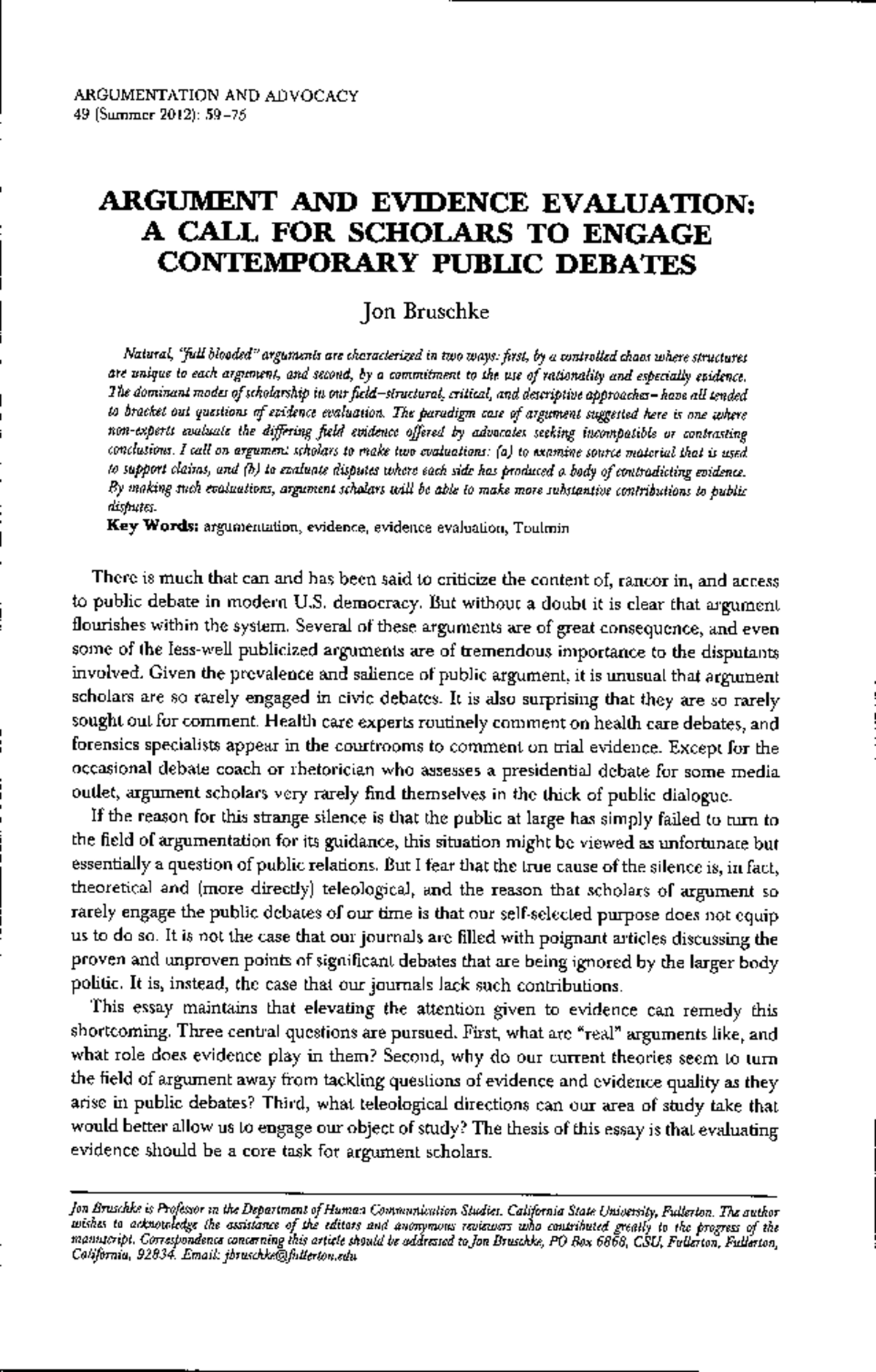 Argument and Evidence Evaluation in Public Discourse (Comm 102 ...