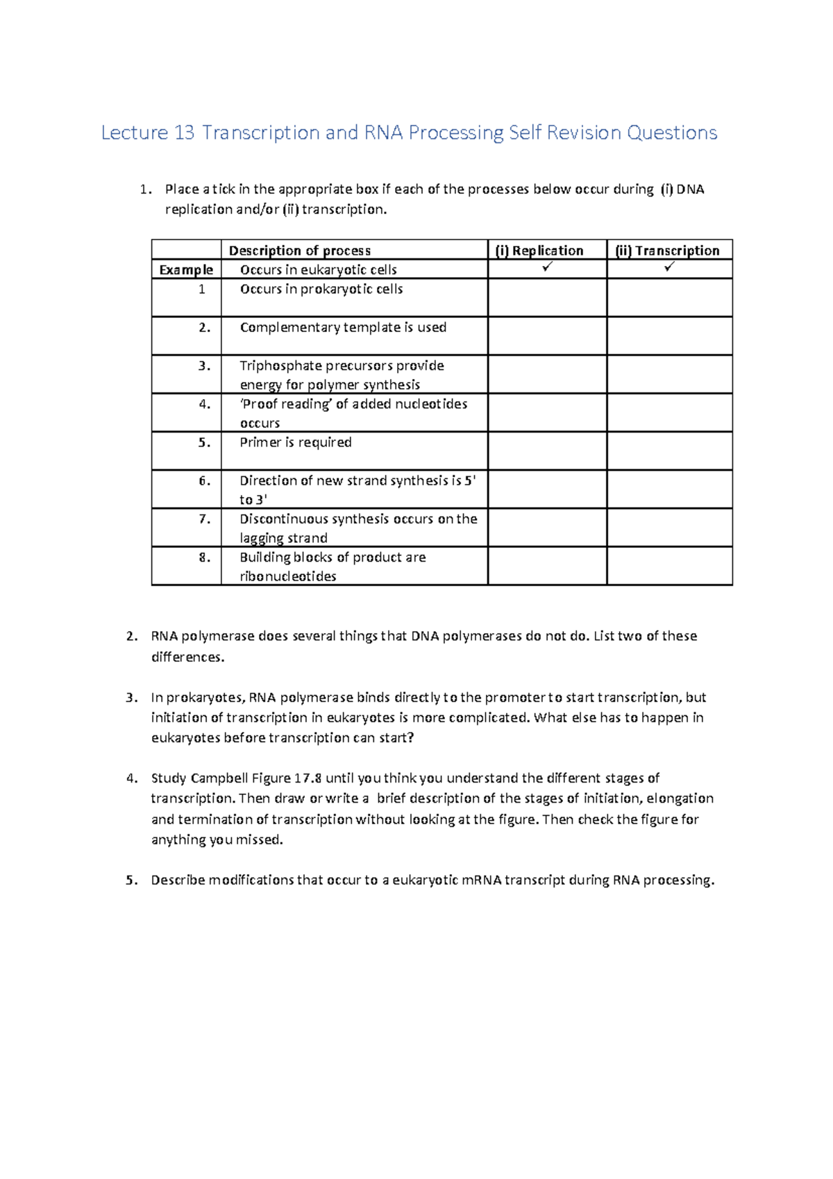 Lect 13: Transcription & RNA Processing Revision Questions - Studocu