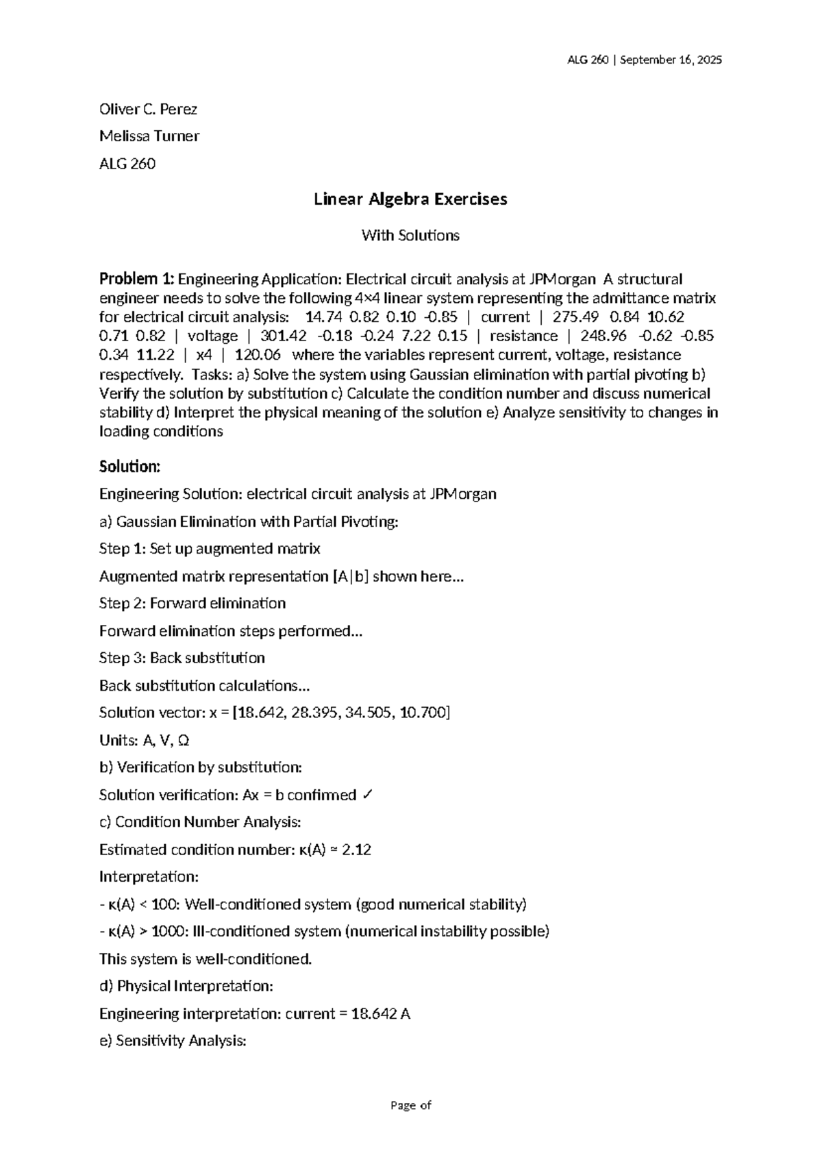 ALG 260 Engineering Applications: Linear Algebra Exercises & Solutions ...