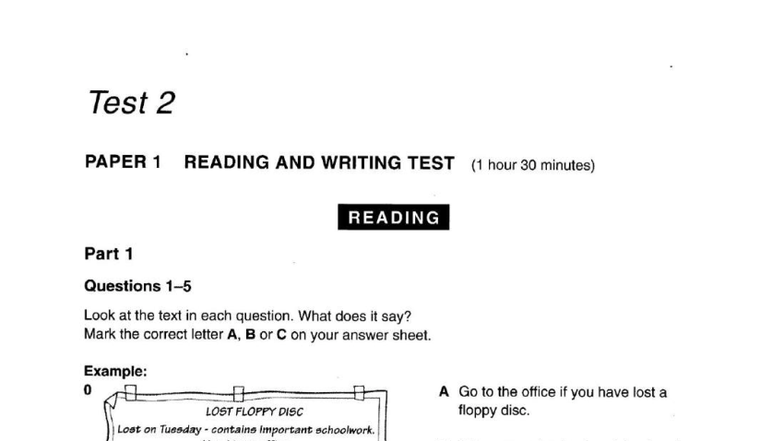 PET 1 Practice Materials: Test 2 Reading & Writing Exam - Studocu