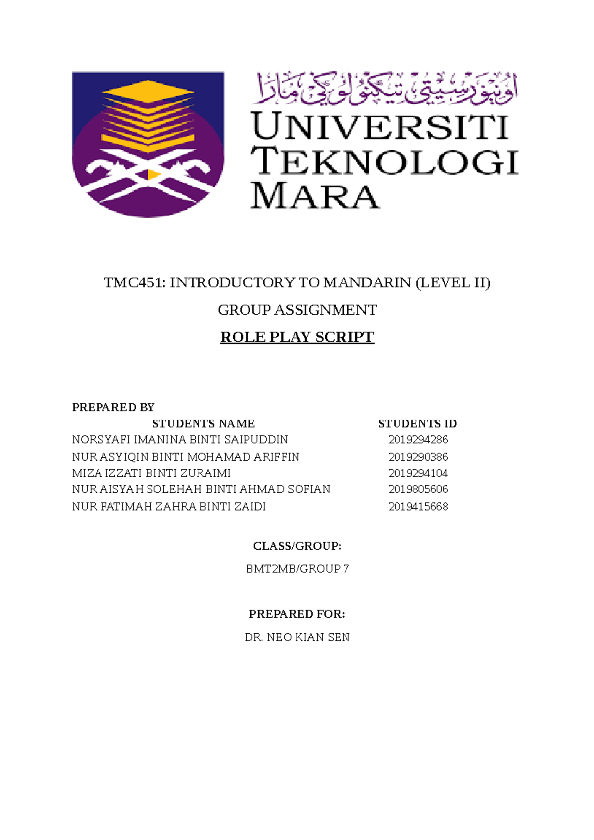 TMC451: Role Play Script for Introductory Mandarin Level II Group ...