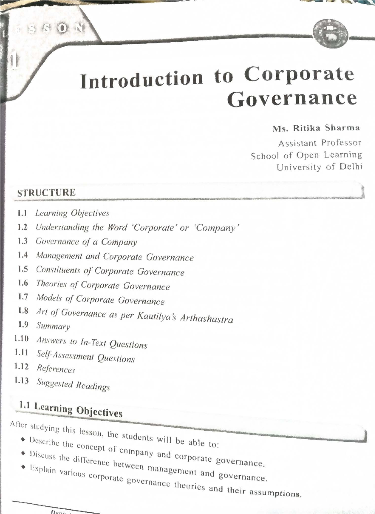 Corporate Governance: Unit 1 Overview and Key Concepts (Course Code ...