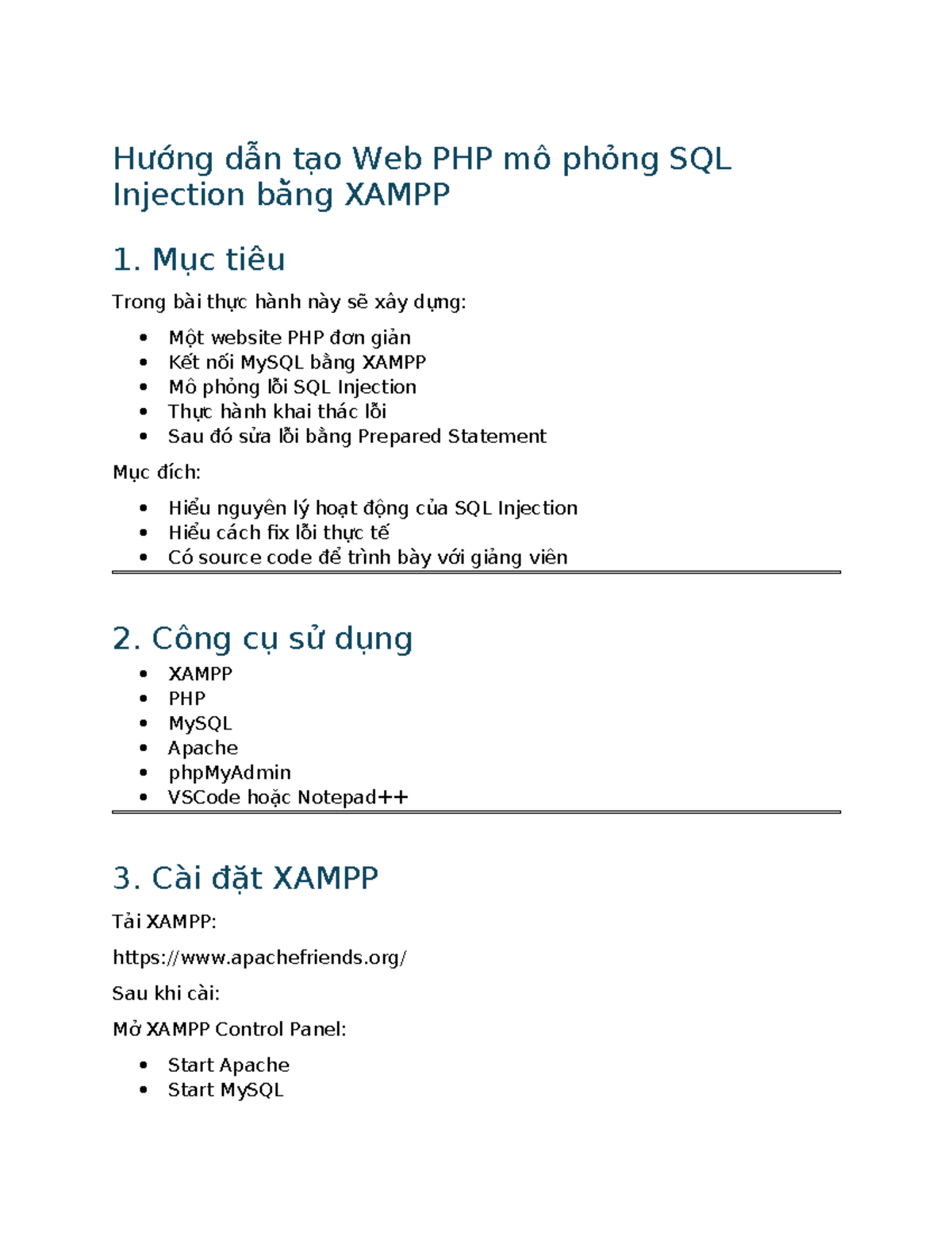 Hướng dẫn Thực Hành SQL Injection với PHP & XAMPP - Studocu