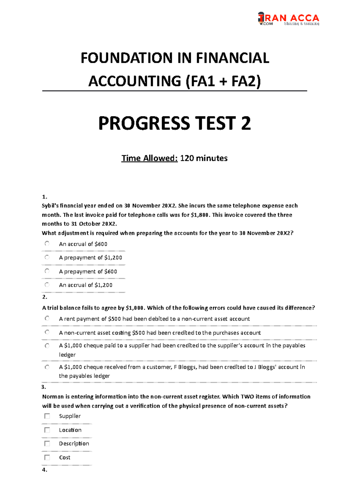 FA Mock Exam 2 - Foundation in Financial Accounting Progress Test - Studocu