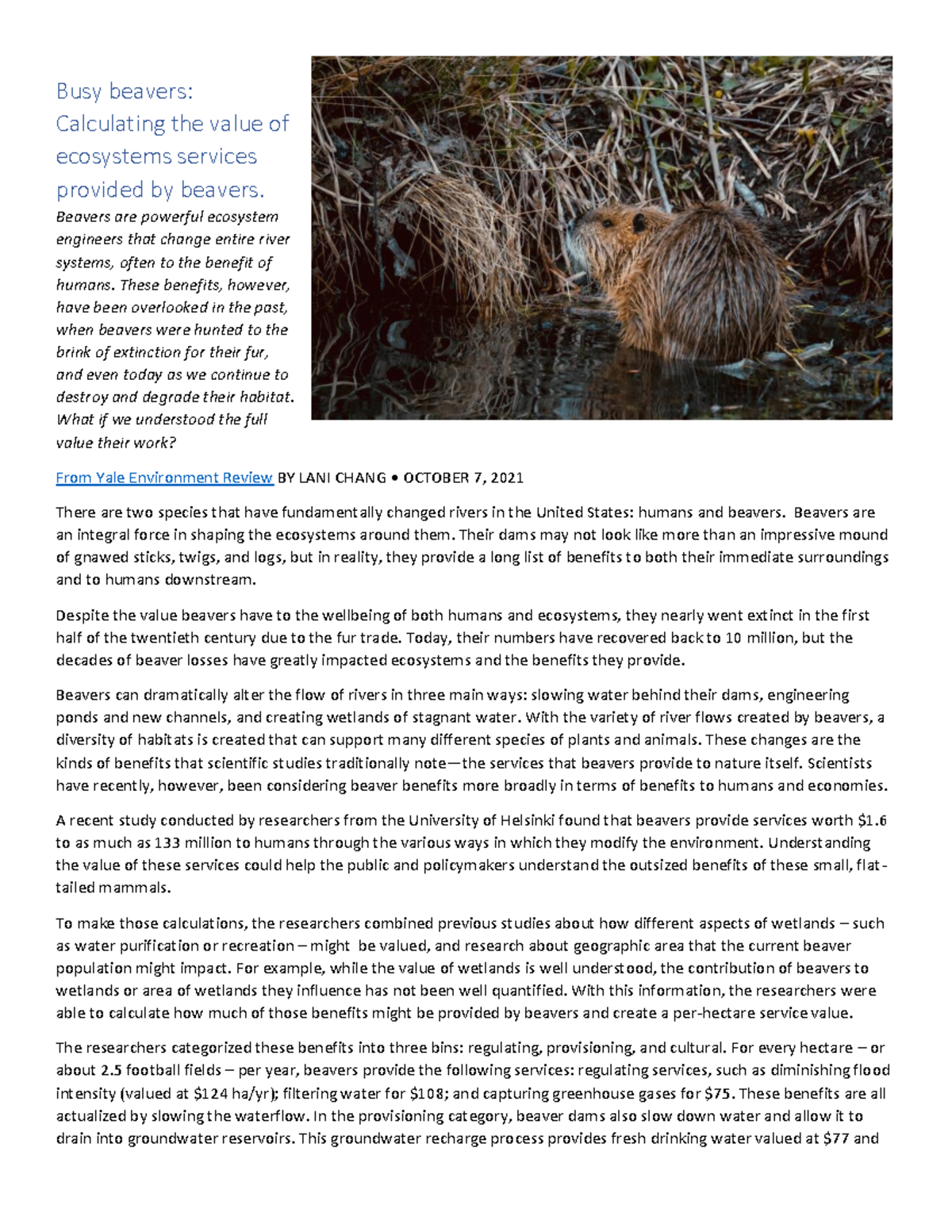 BEA 101: Calculating Ecosystem Services of Beavers and Their Benefits ...