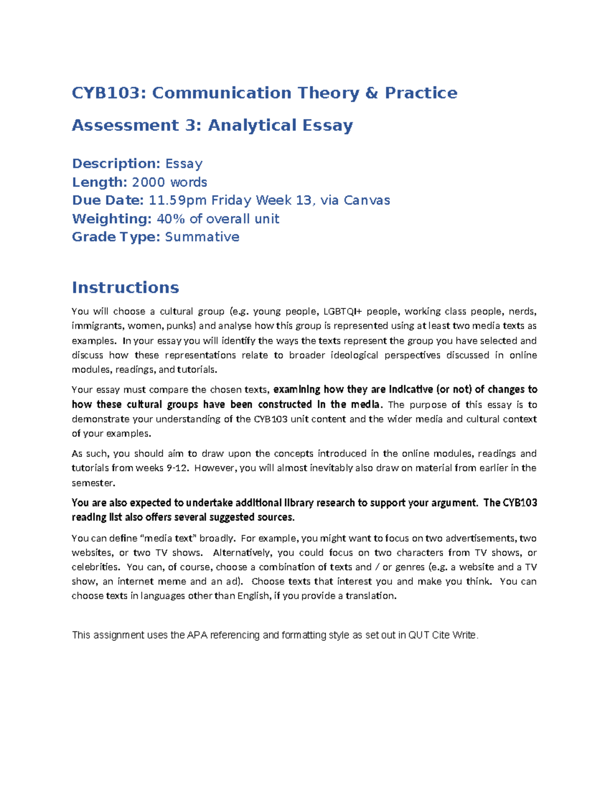 CYB103 Essay Guide: A3 Analytical Essay Structure & Tips - Studocu