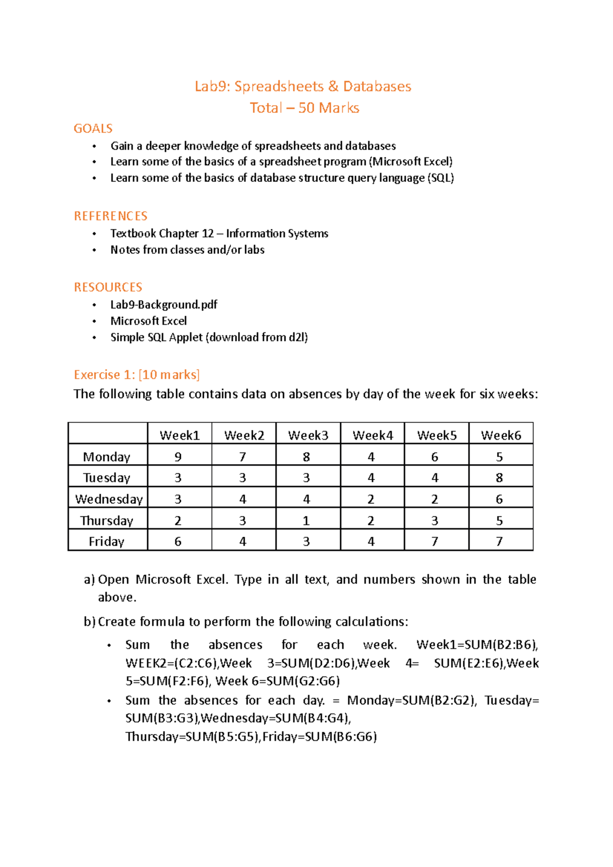Lab9 - Spreadsheets & SQL Databases Practices and Exercises - Studocu