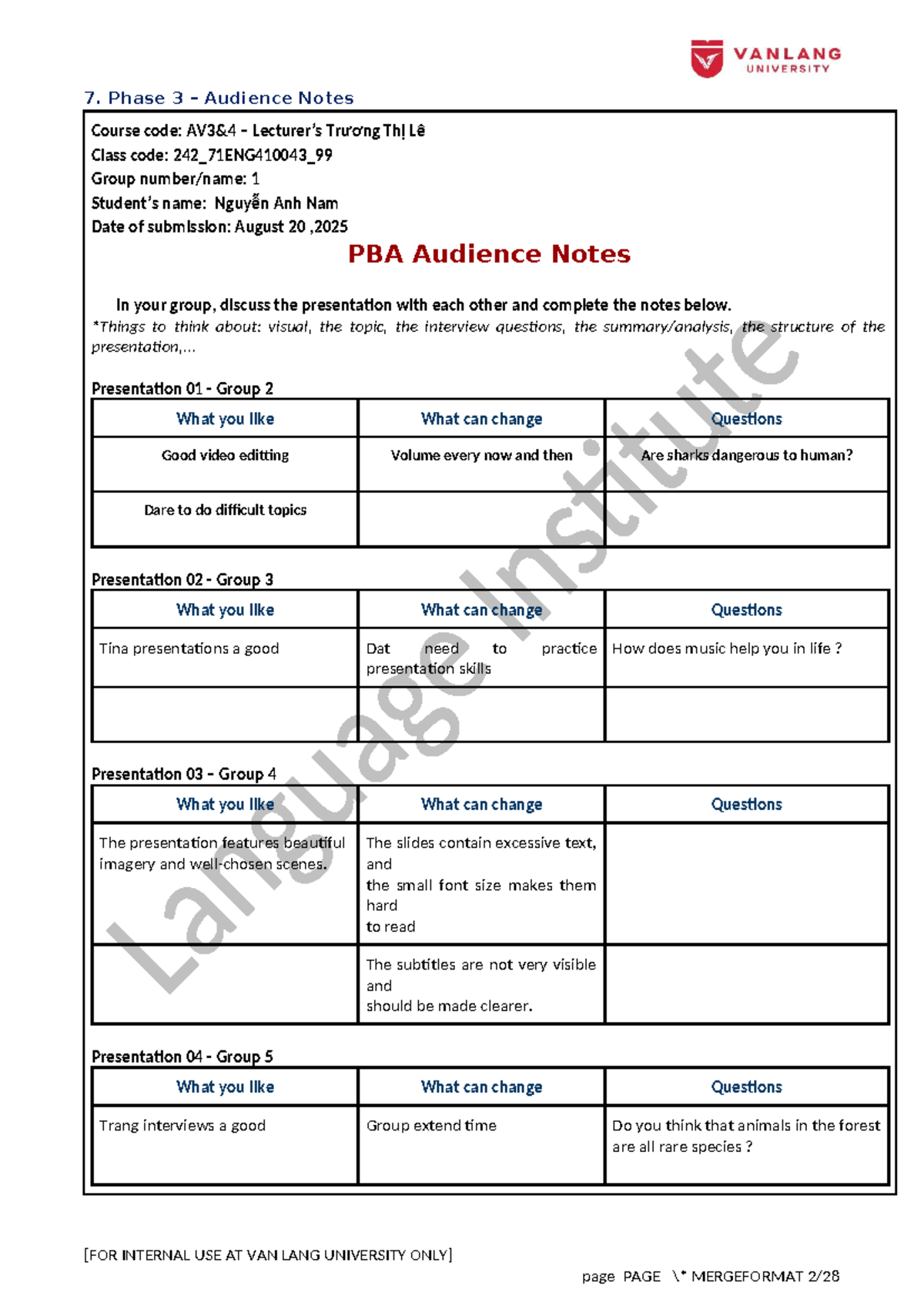 Phase 3 Audience Notes - ENG410043 - Group 1 Feedback & Insights - Studocu