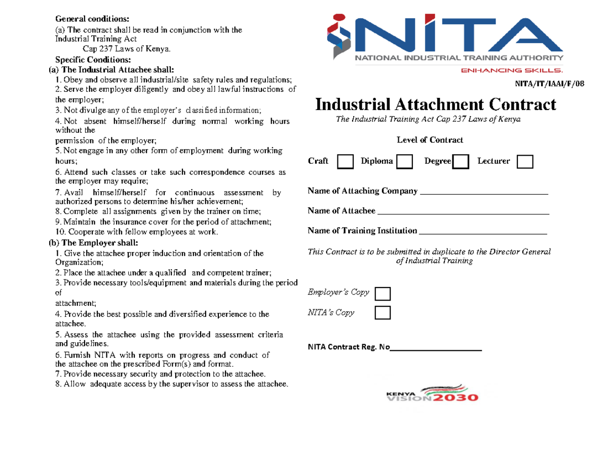 Industrial Attachment Contract Form - NITA Compliance Document - Studocu