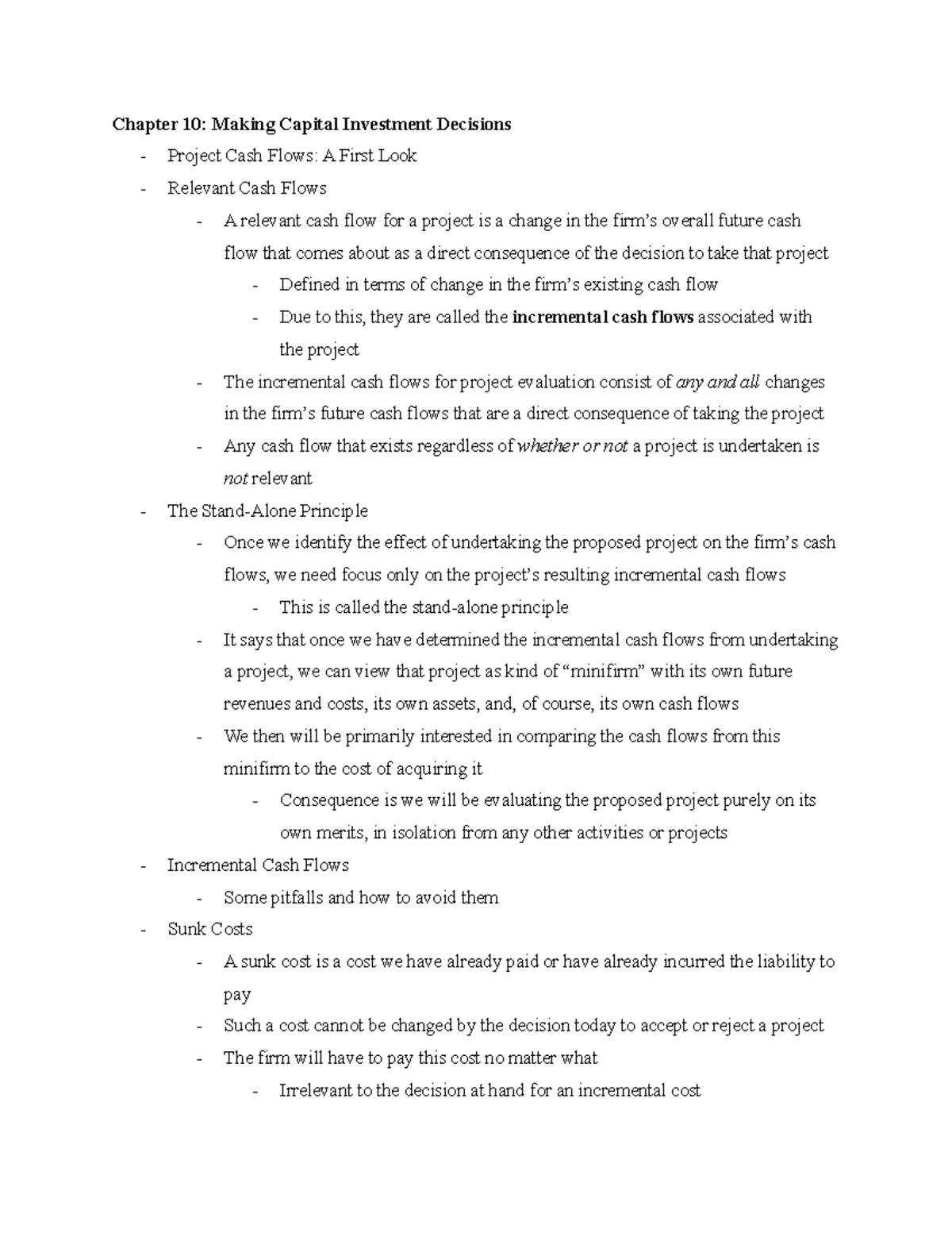 Fin Chapter 10 - Chapter 10: Making Capital Investment Decisions ...