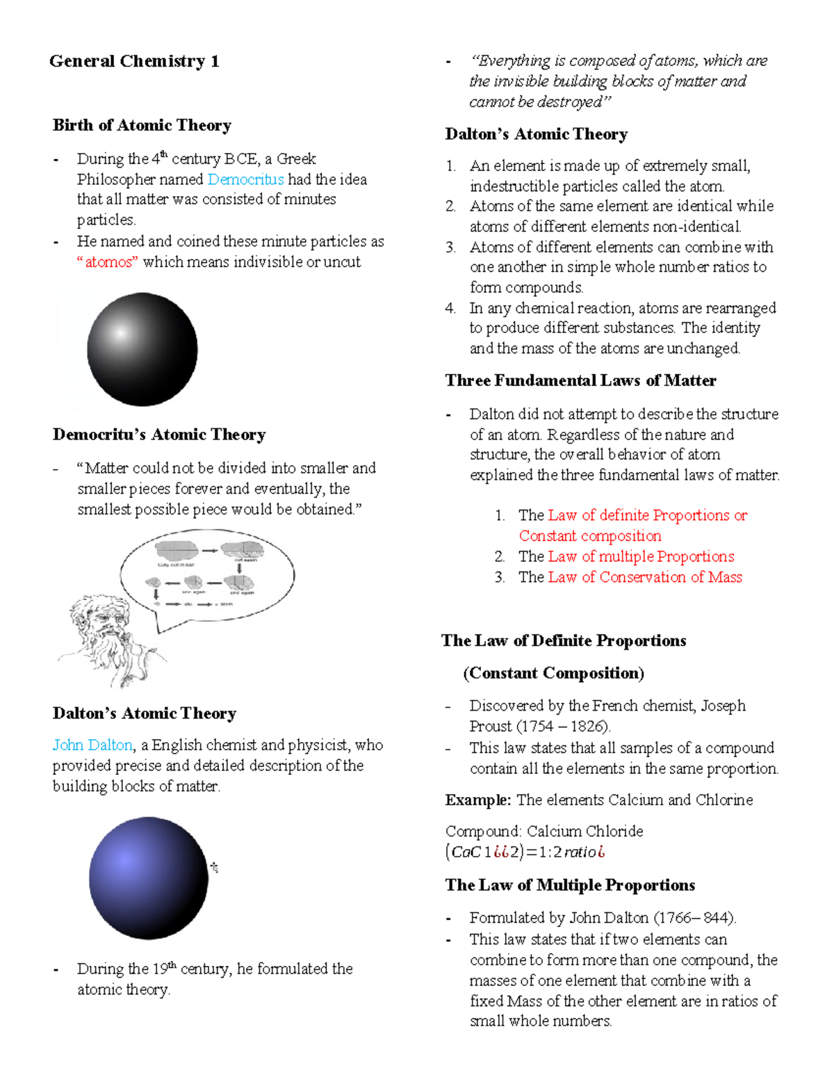 General Chemistry 1 - Lecture Notes on Atomic Theory and Laws - Studocu