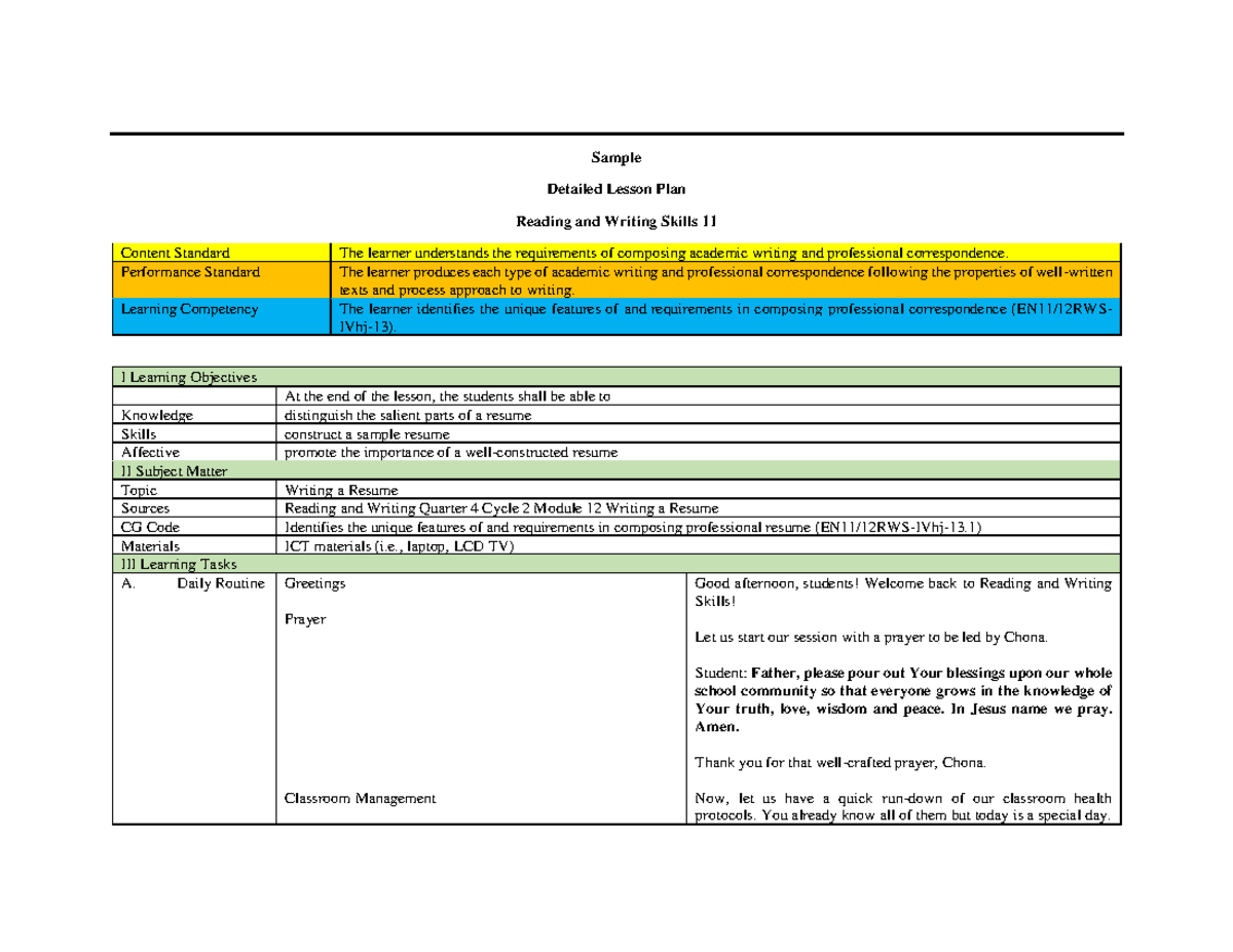 EN11/12RWS Detailed Lesson Plan: Crafting a Professional Resume - Studocu