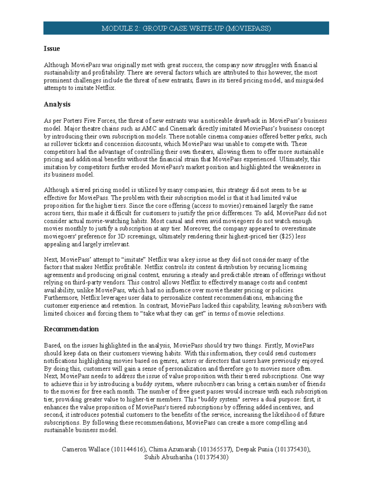 STGY 5903 - Group Case Study on MoviePass Challenges & Solutions - Studocu