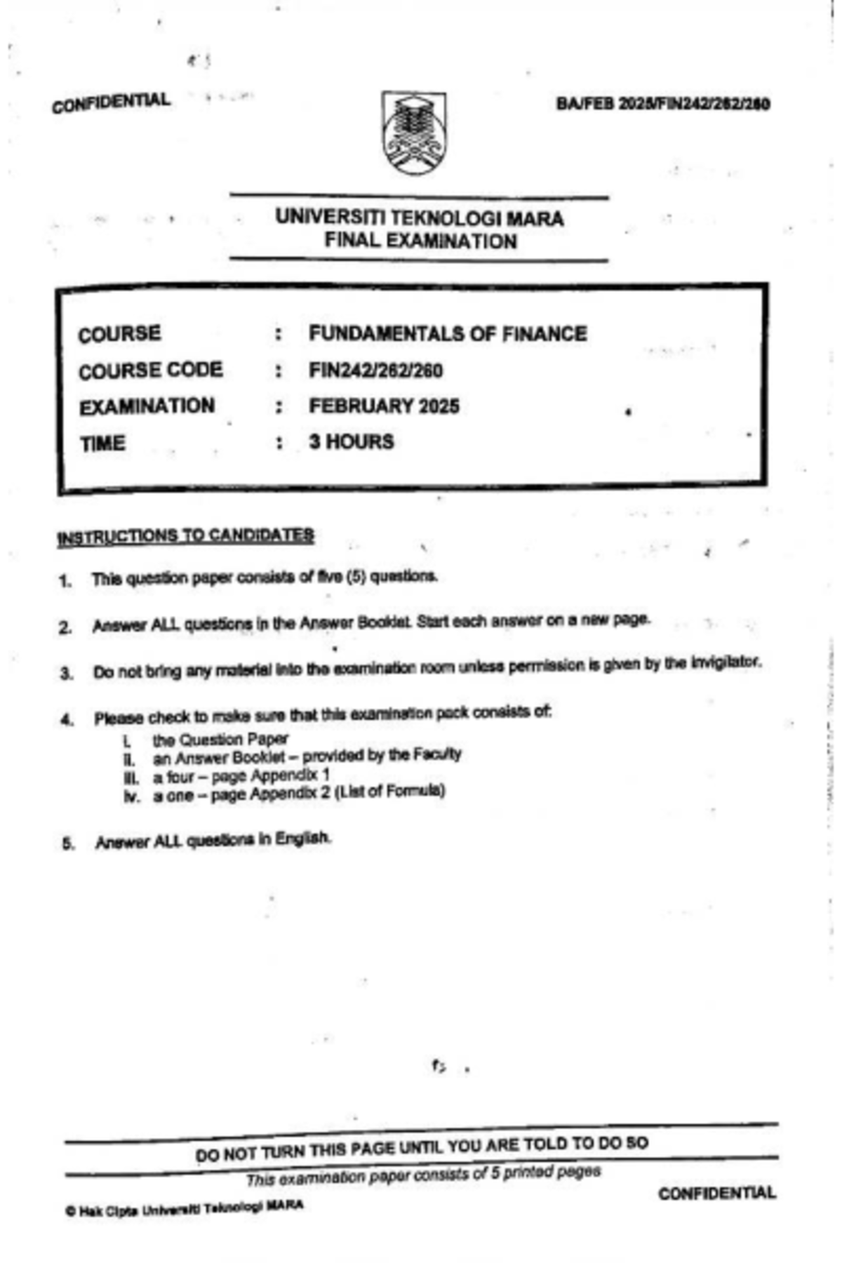 FIN242 FEB 2025 - FINAL EXAMINATION IN FUNDAMENTALS OF FINANCE - Studocu