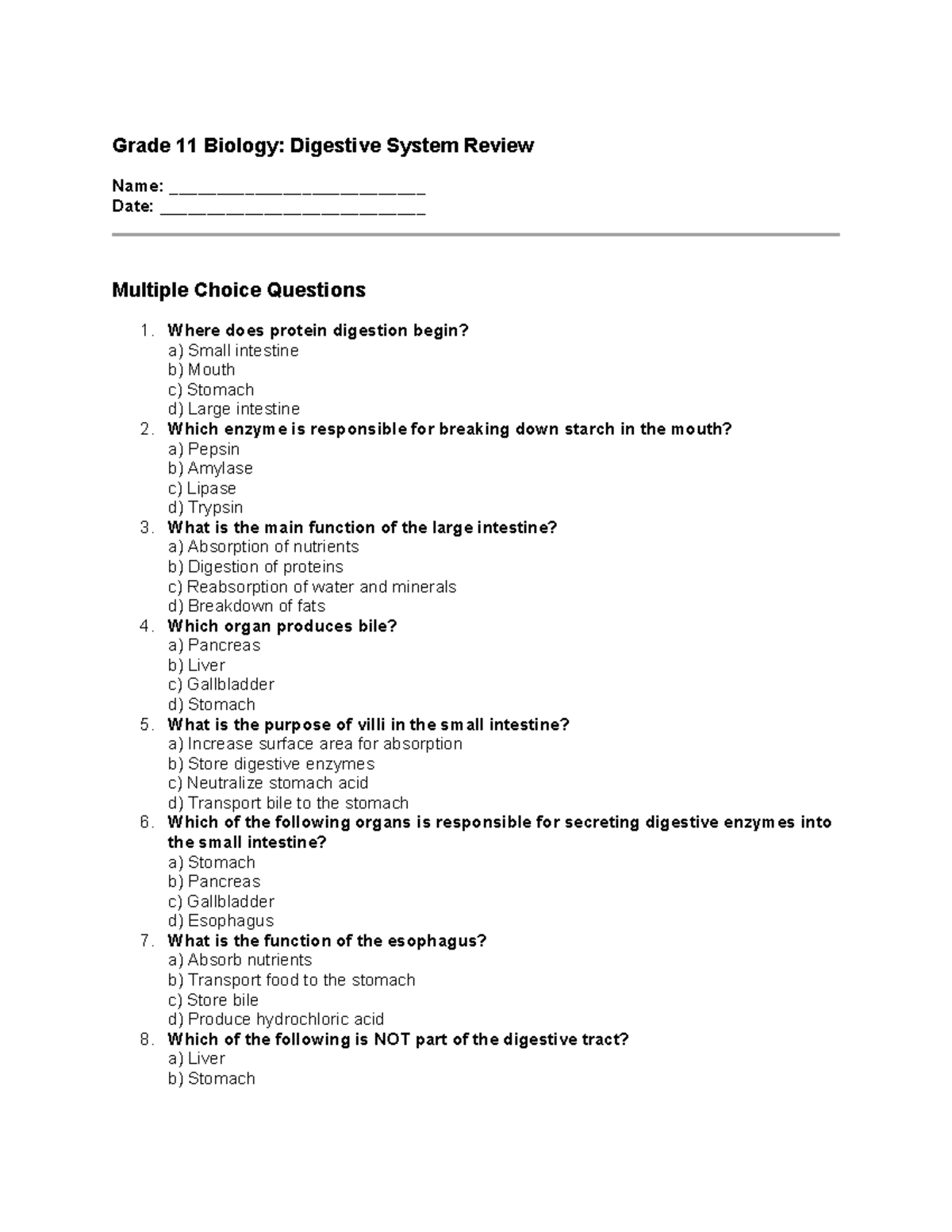 Grade 11 Biology Digestive System Review - Grade 11 Biology: Digestive ...