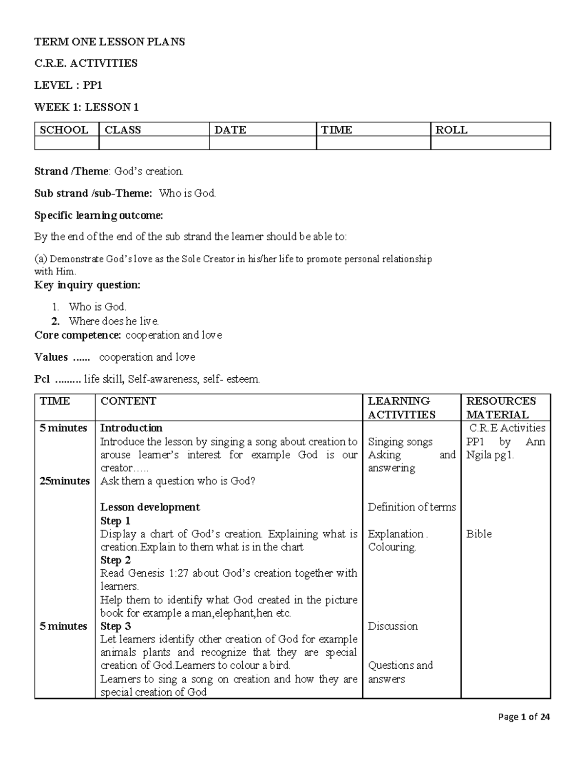 PP1 C.R.E. Term 1 Lesson Plans: Understanding Who is God - Studocu