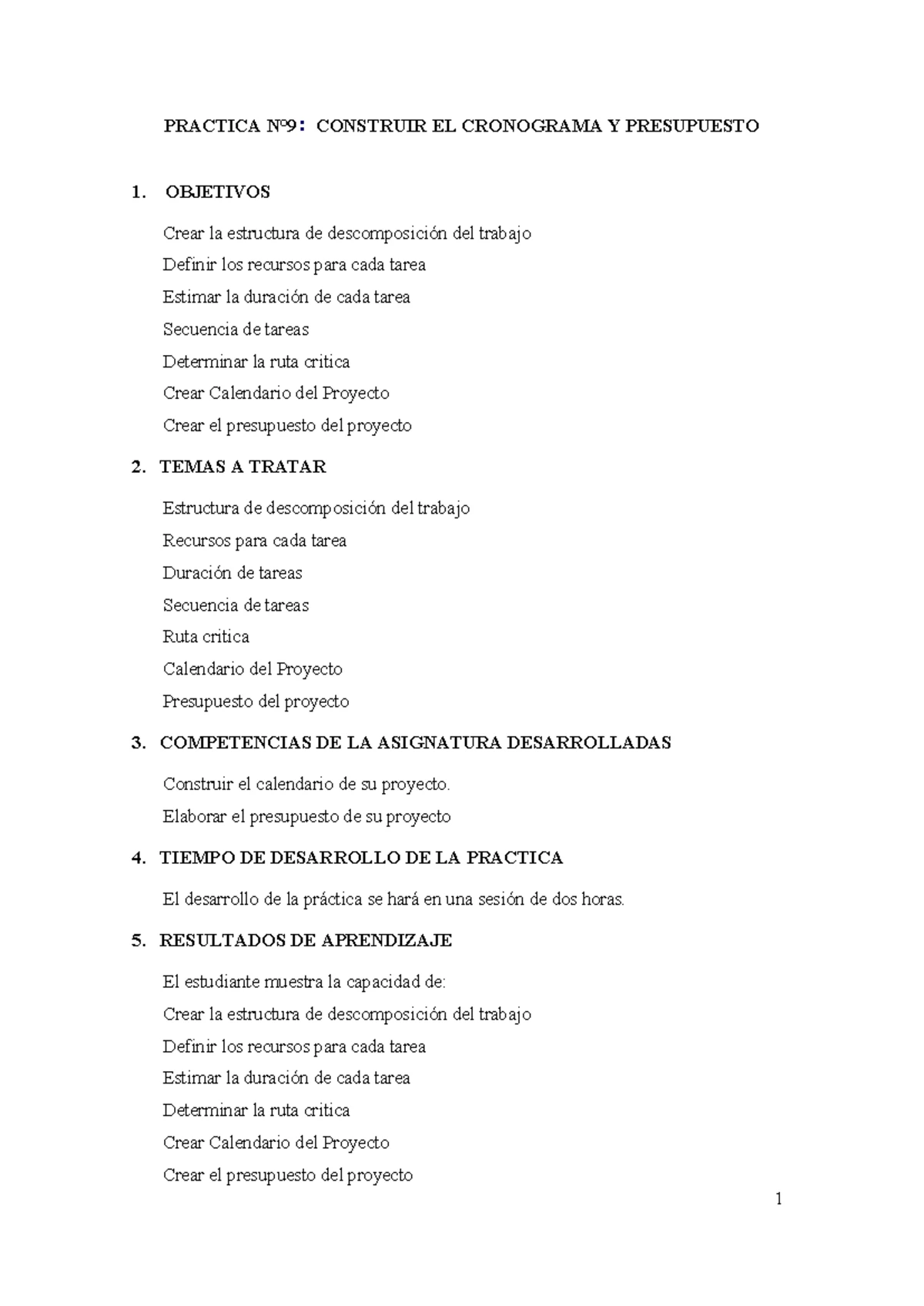 Práctica 9: Construcción de Cronograma y Presupuesto en Proyectos - Studocu