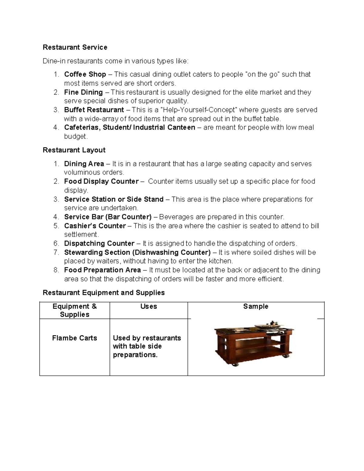 FNB Restaurant Service Overview and Key Concepts - Studocu