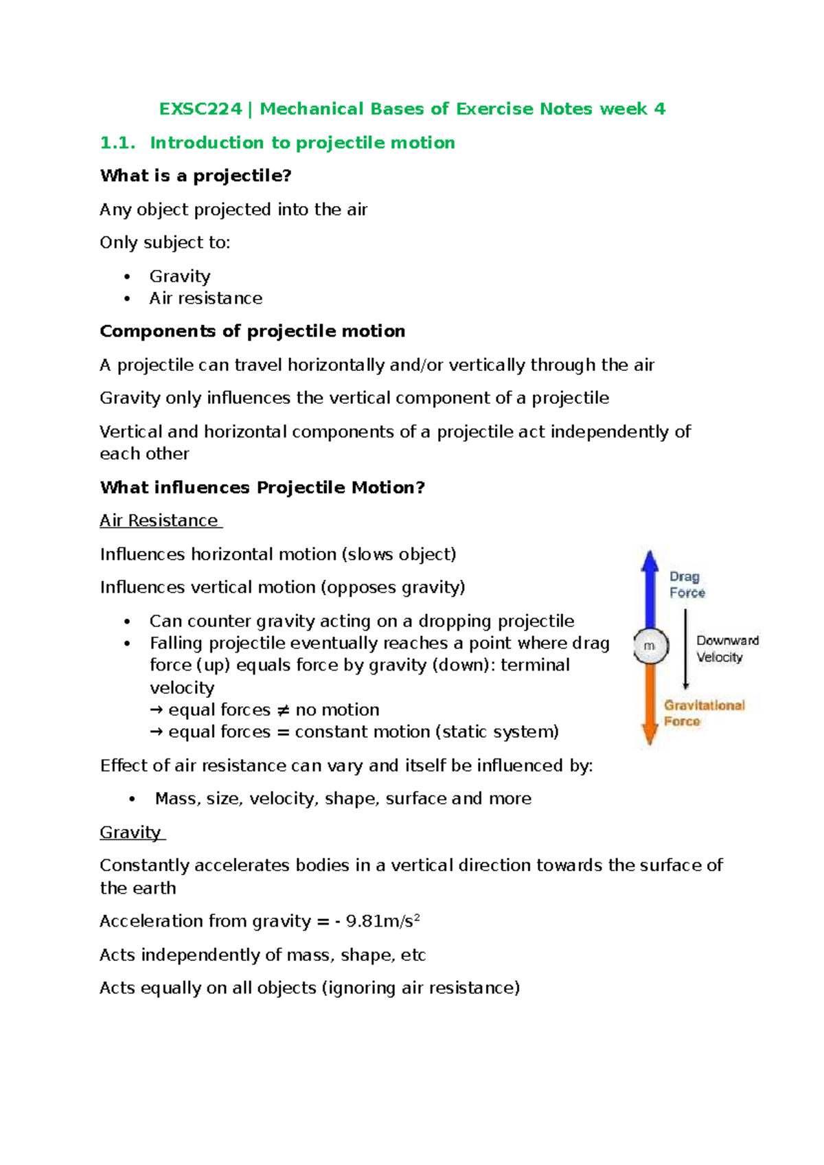 EXSC224 Week 4 Notes: Introduction to Projectile Motion - Studocu