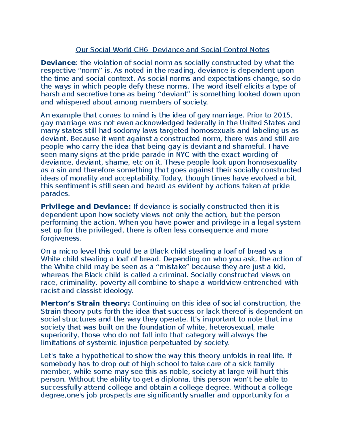 Our Social World CH6 Notes: Understanding Deviance & Social Control ...
