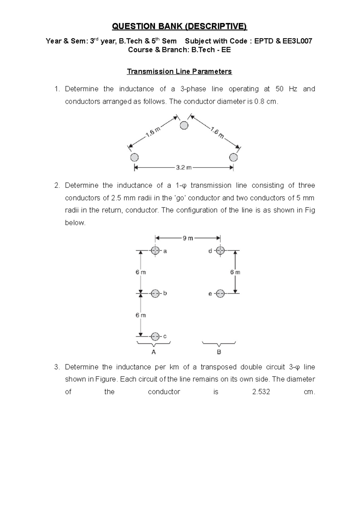 QUESTION BANK: Transmission Line Parameters (B.Tech EE3L007) - Studocu