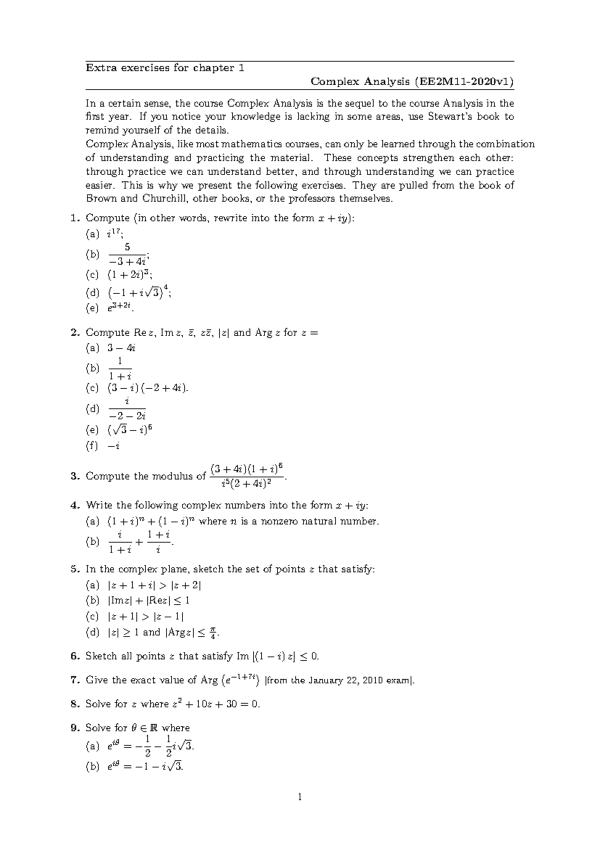 Extra Exercises for Chapter 1: Complex Analysis (H1) - Studeersnel