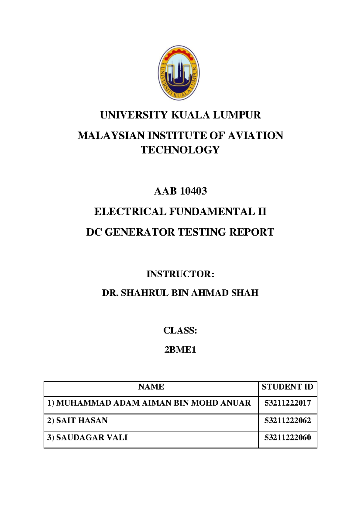 DC Generator Testing Report - AAB 10403 - Electrical II - Studocu