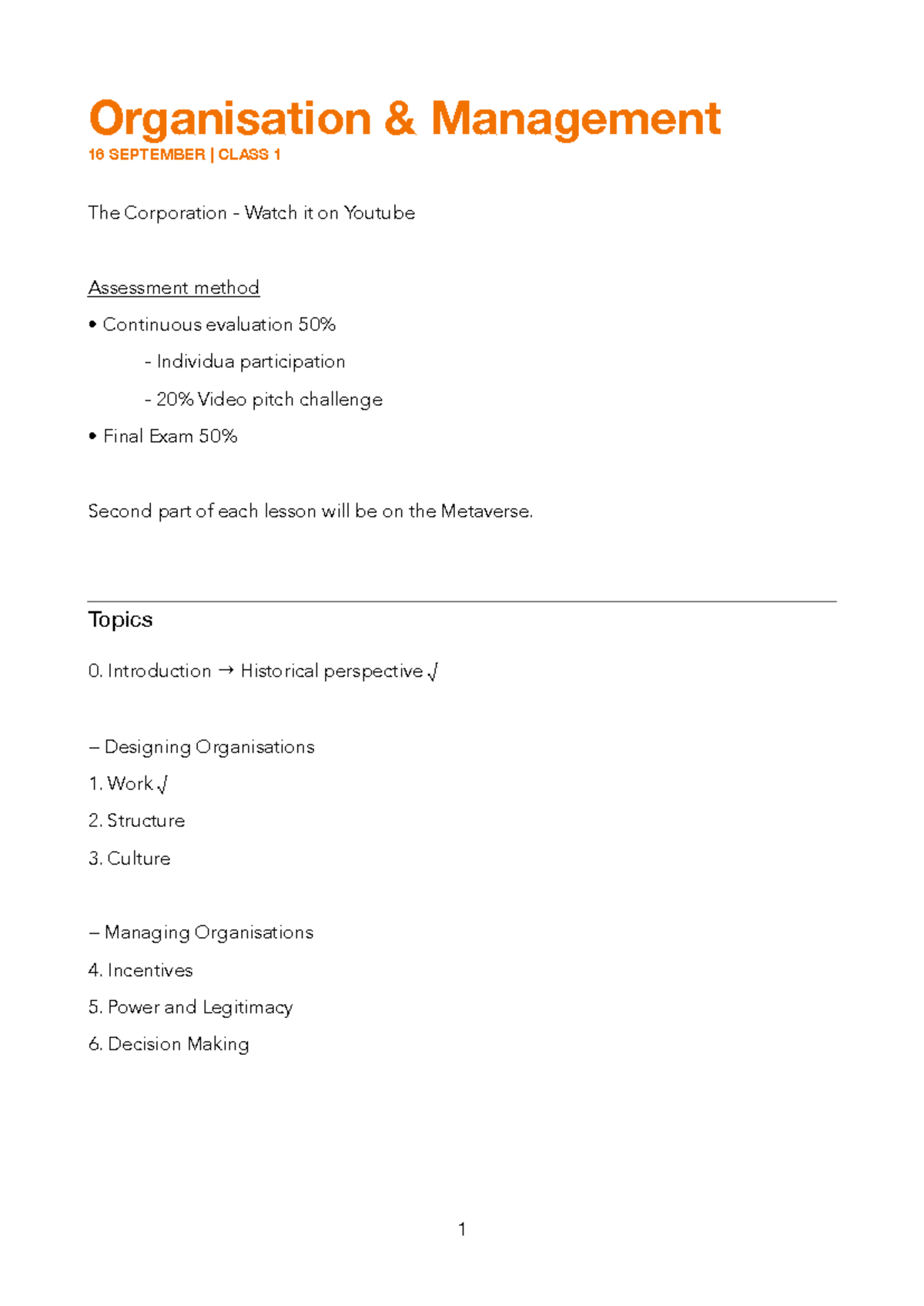 OM101 - Class 1 Notes: Introduction to Organisation & Management - Studocu