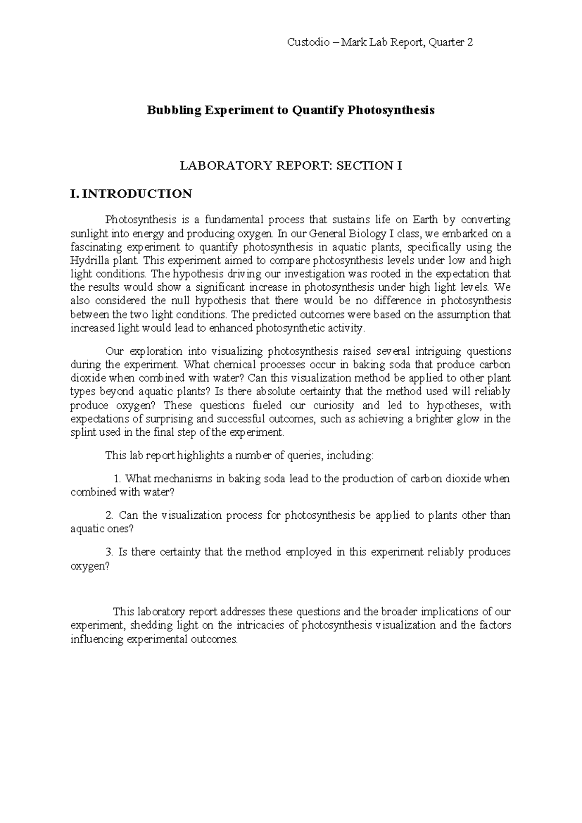 LAB- Report-MARK - Report - Bubbling Experiment to Quantify ...