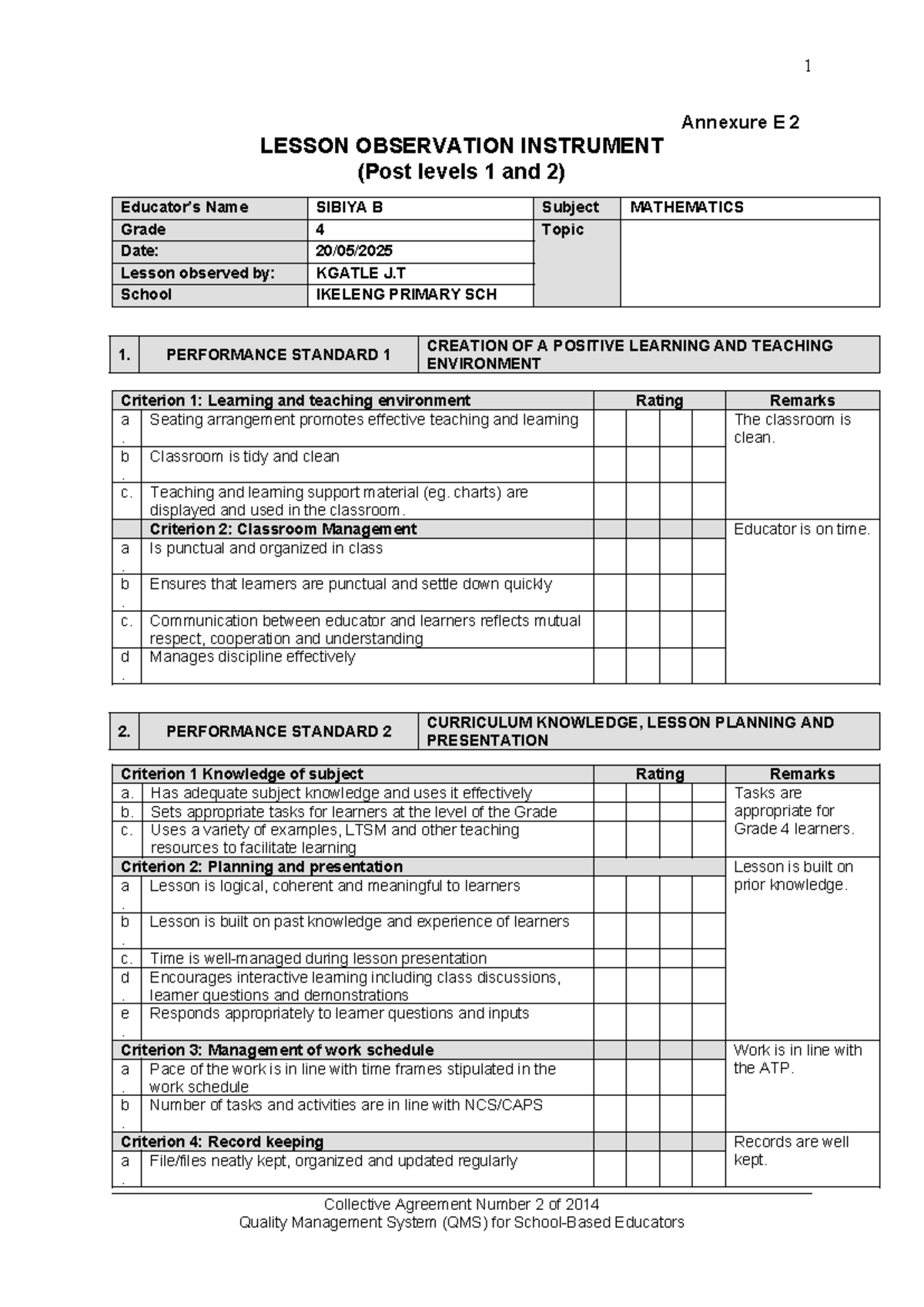 Lesson Observation Instrument for Grade 4 (Post Levels 1 & 2) - Studocu