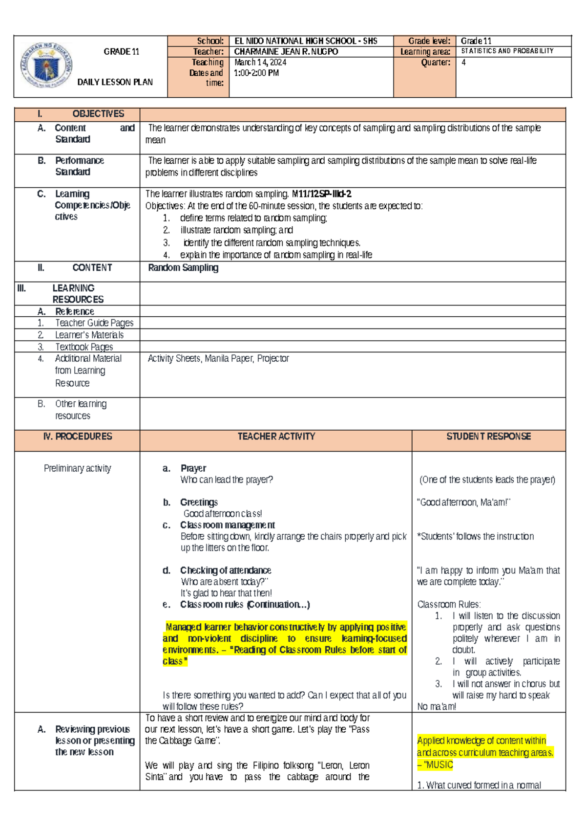Grade 11 Statistics & Probability: Daily Lesson Plan on Random Sampling ...