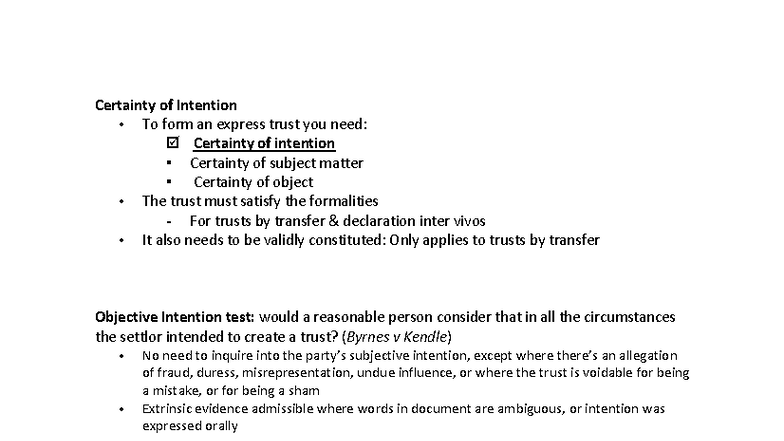 Certainty of Intention in Trusts: Key Principles and Cases - Studocu