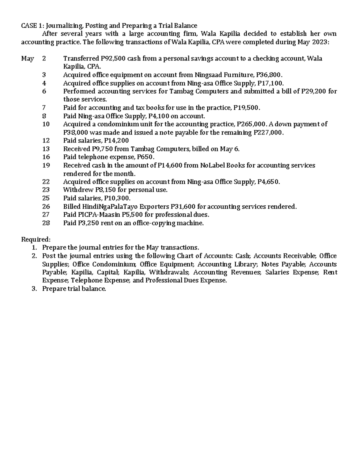 CASE STUDY: Journalizing, Posting & Trial Balance Preparation - Studocu